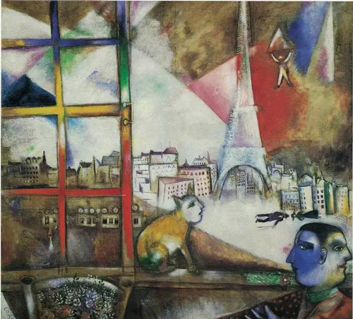 ▲ 马尔克·夏加尔《窗外的巴黎》，布上油画，136 × 141,9 cm(1913)，图片来源：Solomon R. Guggenheim Museum, New York